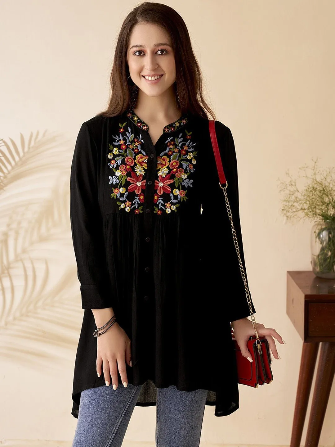 Floral Embroidered black Mandarin Collar Short Kurti
