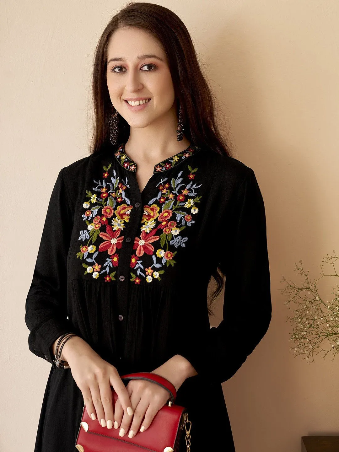 Floral Embroidered black Mandarin Collar Short Kurti