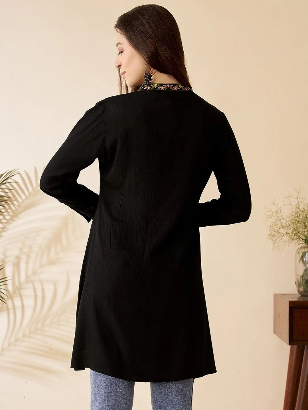 Floral Embroidered black Mandarin Collar Short Kurti