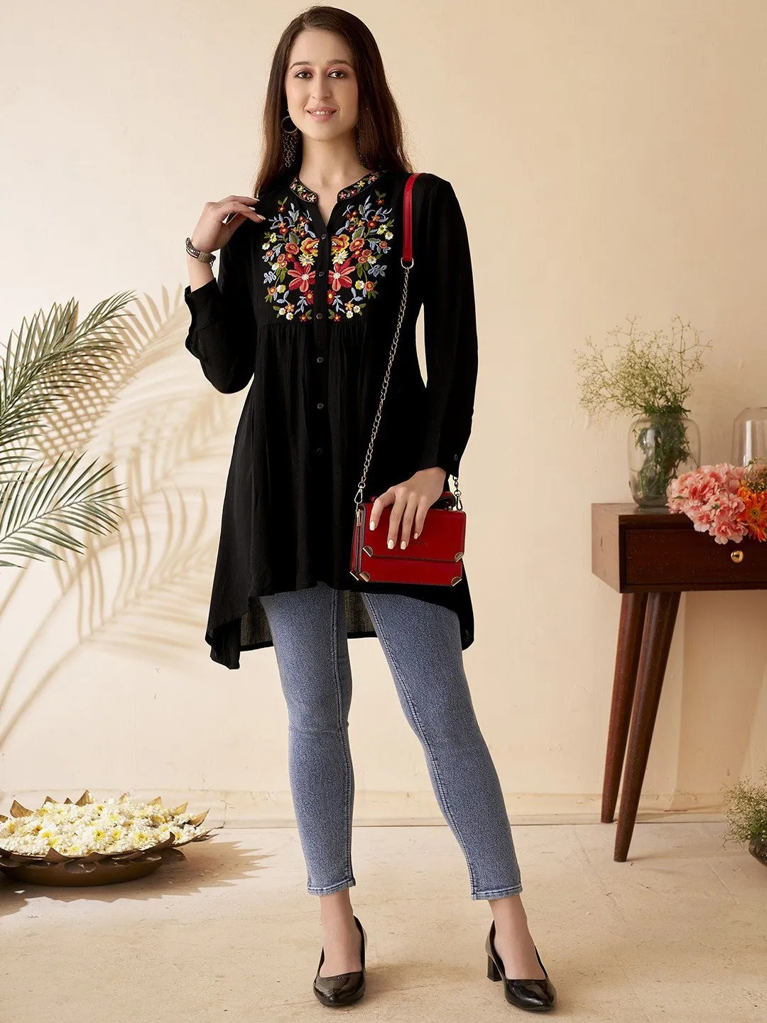Floral Embroidered black Mandarin Collar Short Kurti