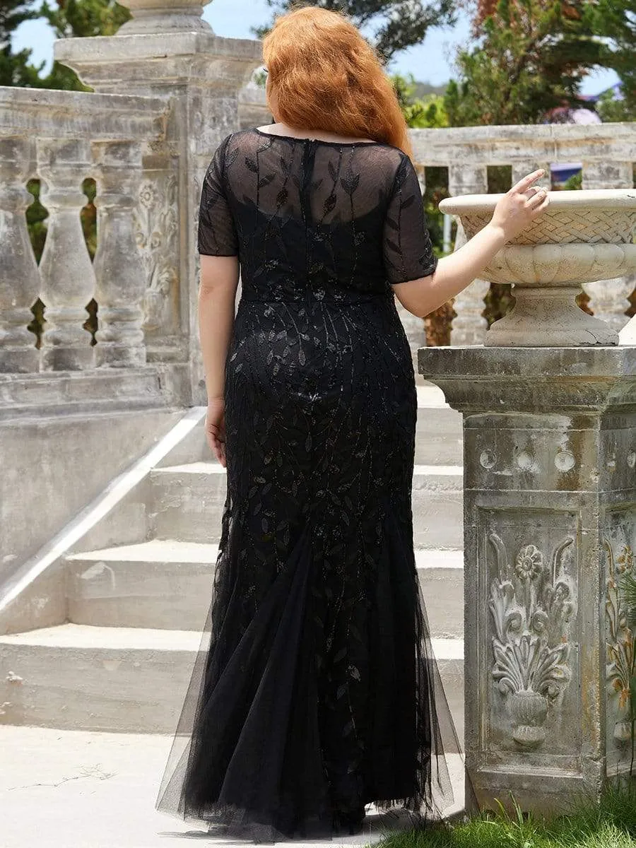 Floral Sequin Print Maxi Long Plus Size Mermaid Tulle Dresses