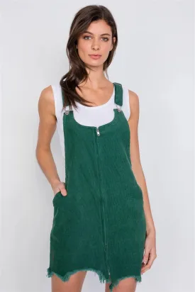 Green Front Zipper Shark Bite Raw Hem Mini Overall Corduroy Dress /3-2-1