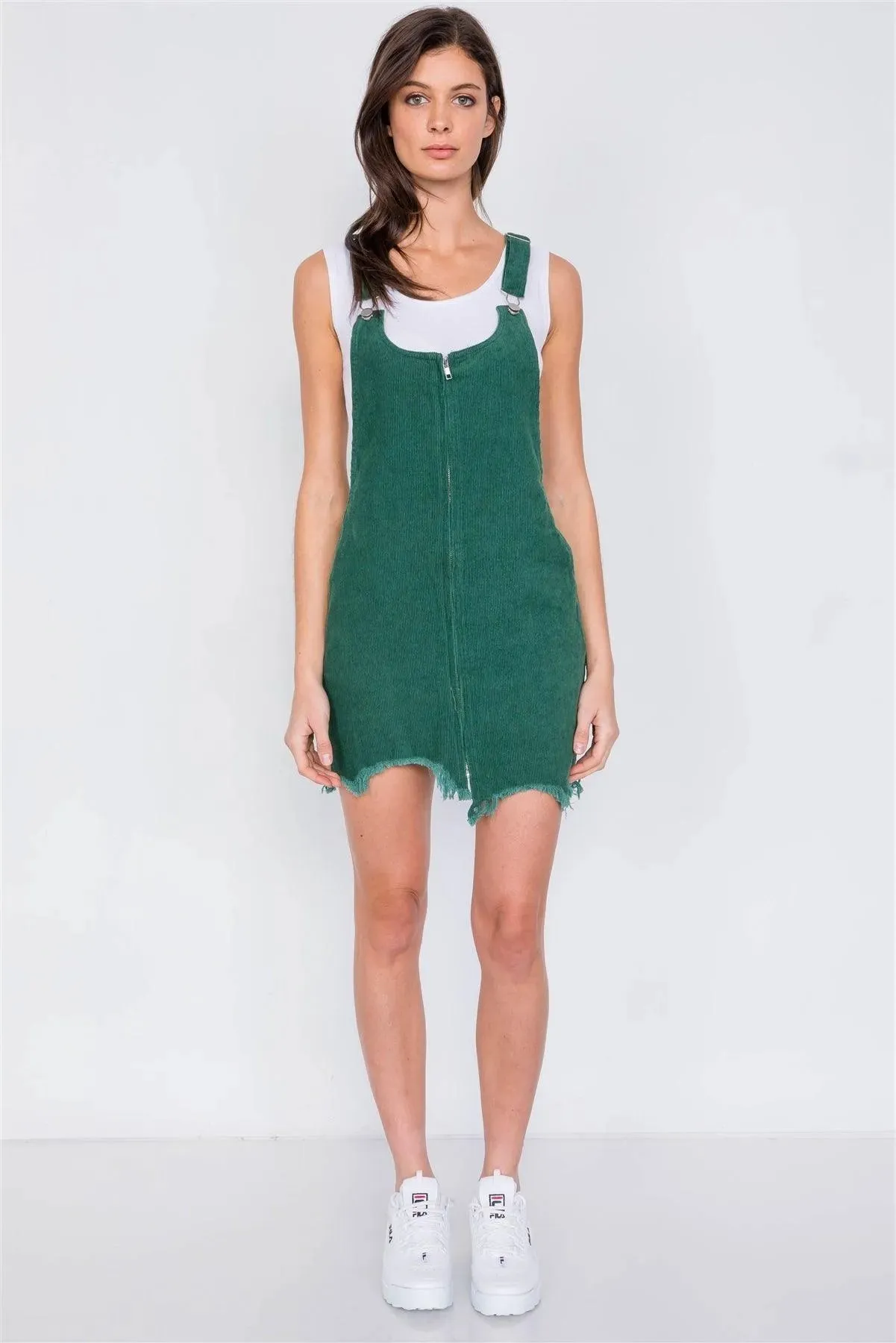Green Front Zipper Shark Bite Raw Hem Mini Overall Corduroy Dress /3-2-1