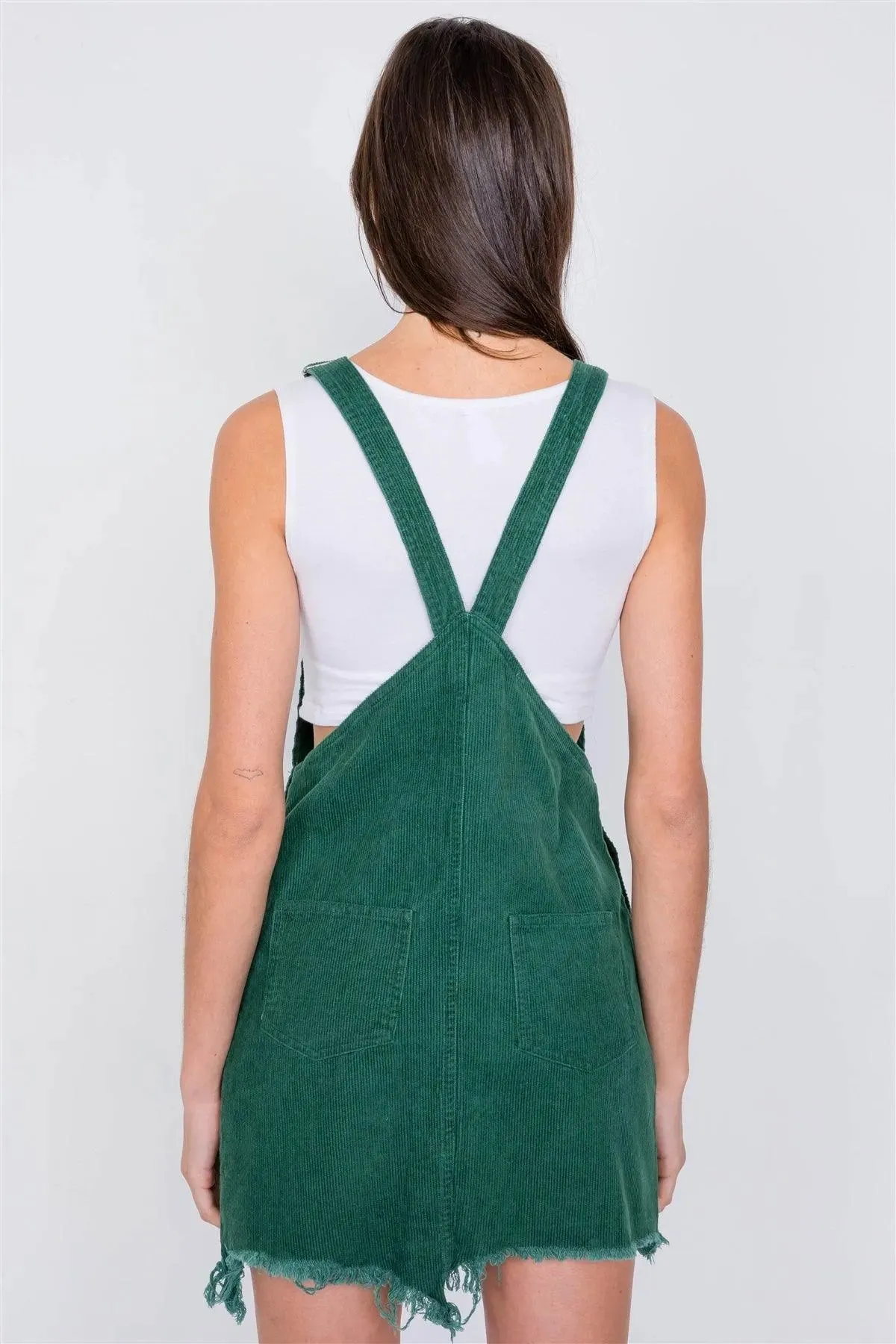 Green Front Zipper Shark Bite Raw Hem Mini Overall Corduroy Dress /3-2-1