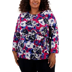 Kasper Womens Plus Floral Print Day To Night Pullover Top