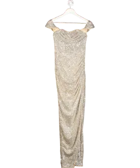 lipsy london Metallic Sequin Bardot Split Drape Maxi Dress UK 6