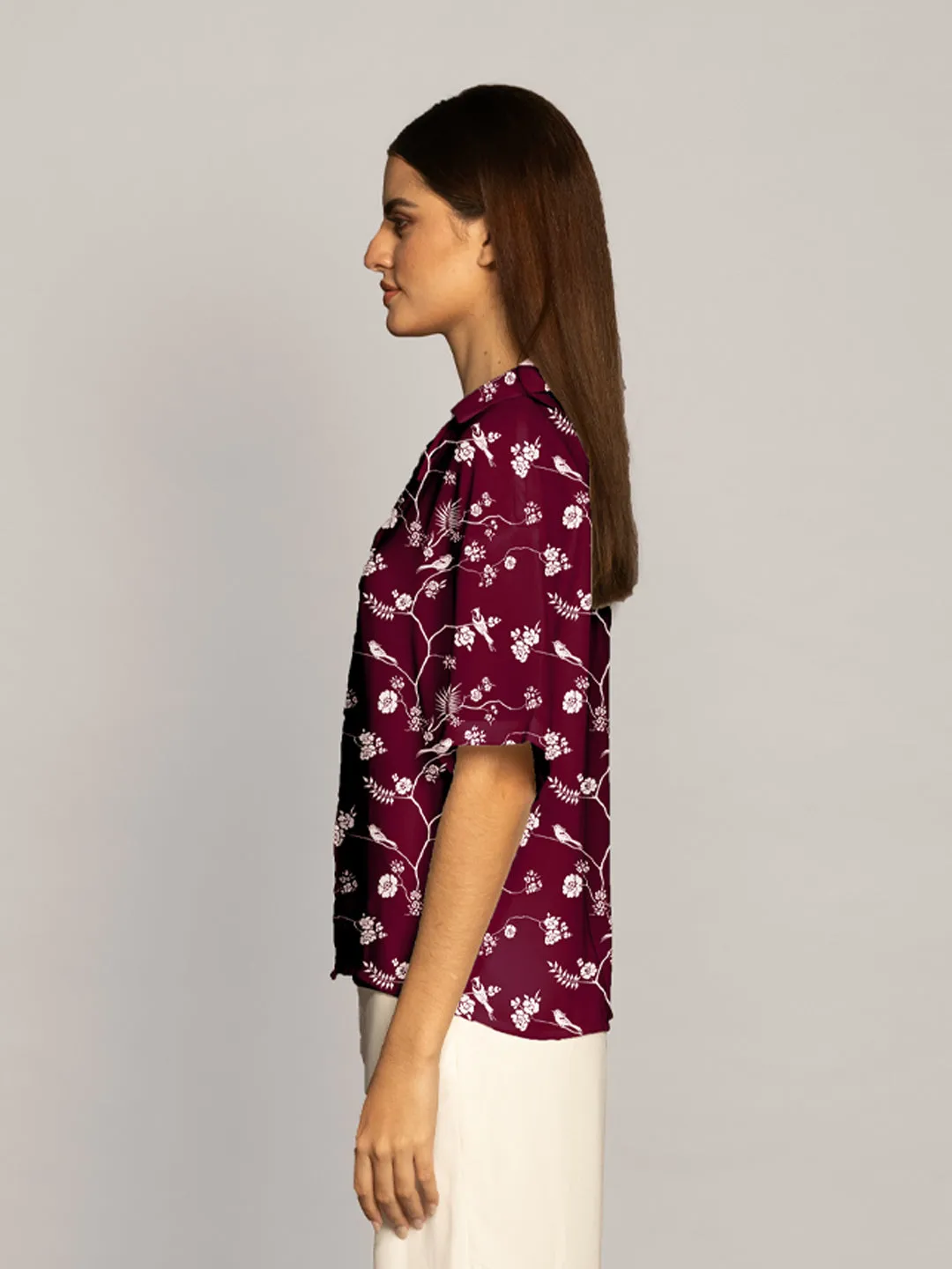 Maroon Floral Print Lapel Collared Shirt