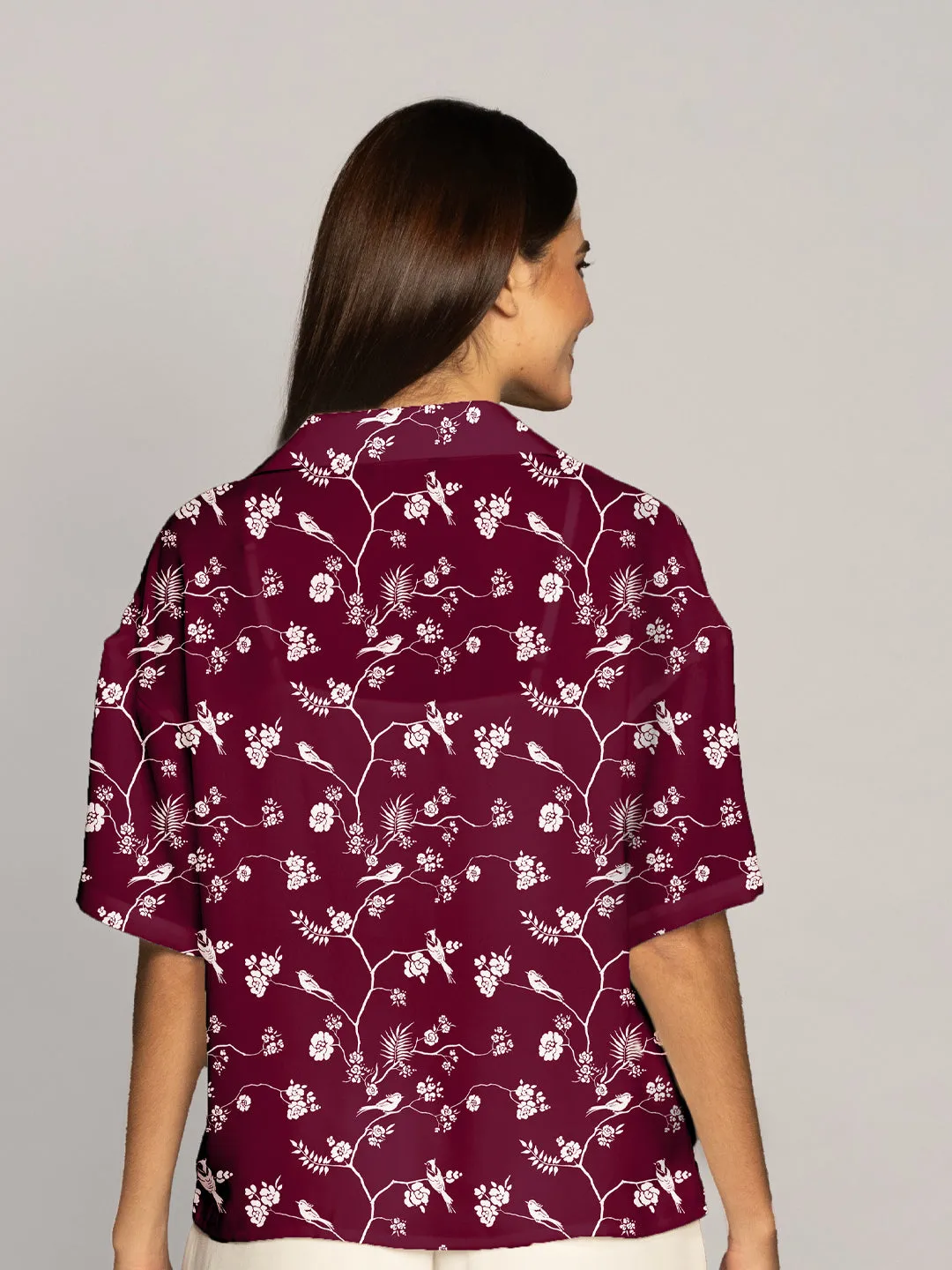 Maroon Floral Print Lapel Collared Shirt