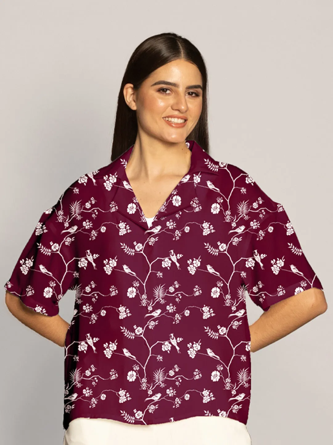 Maroon Floral Print Lapel Collared Shirt