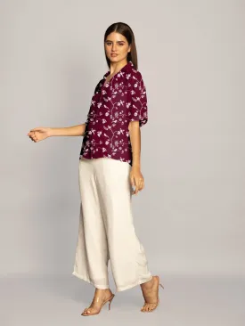 Maroon Floral Print Lapel Collared Shirt