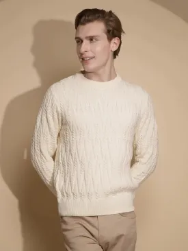 Men Off White Solid Full Sleeve Round Neck Knitted Pullover