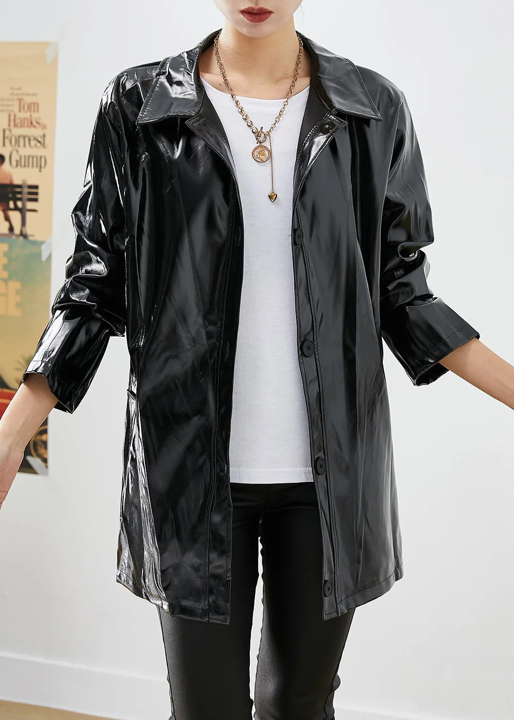 Modern Black Oversized Letter Print Faux Leather Coats Fall LY9253