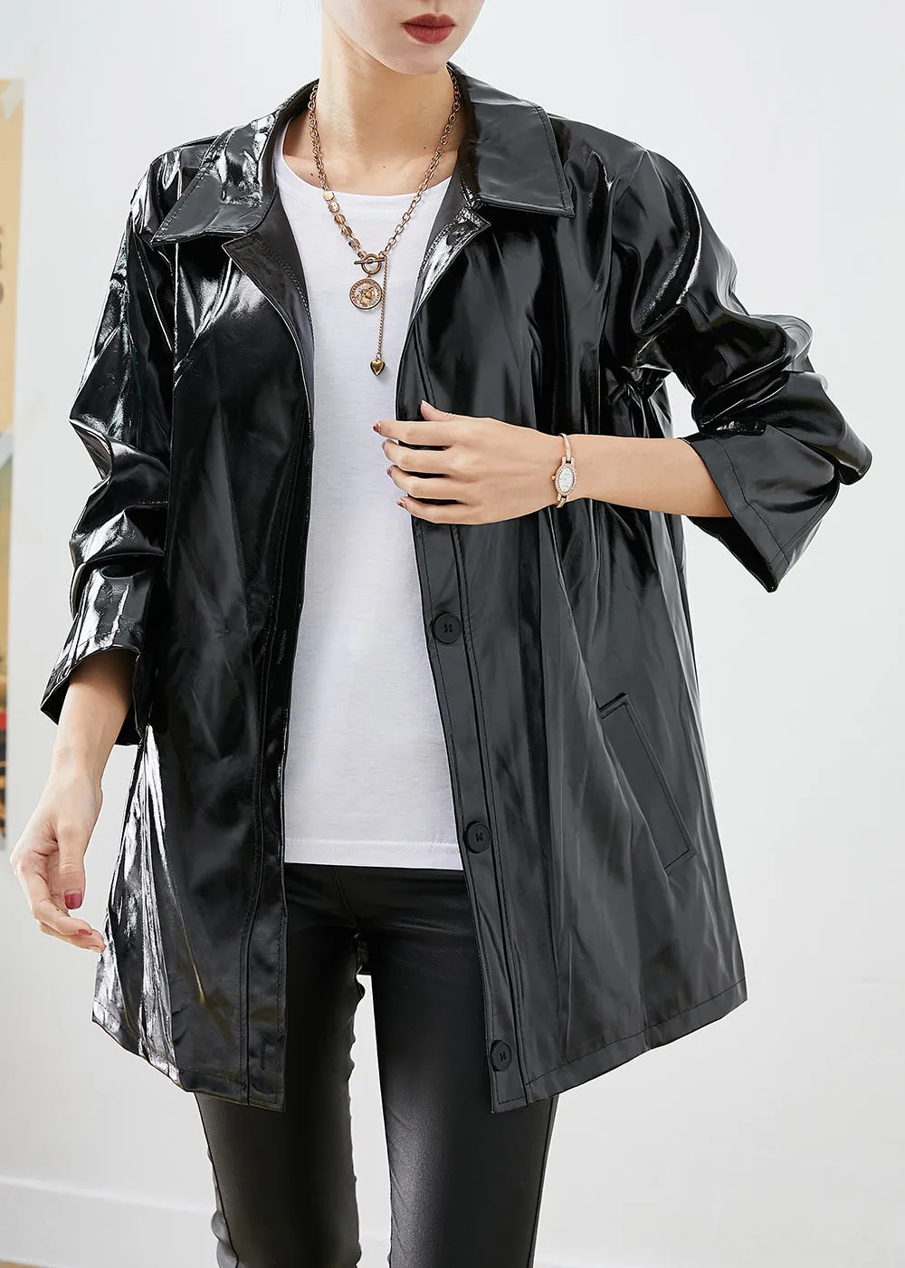 Modern Black Oversized Letter Print Faux Leather Coats Fall LY9253