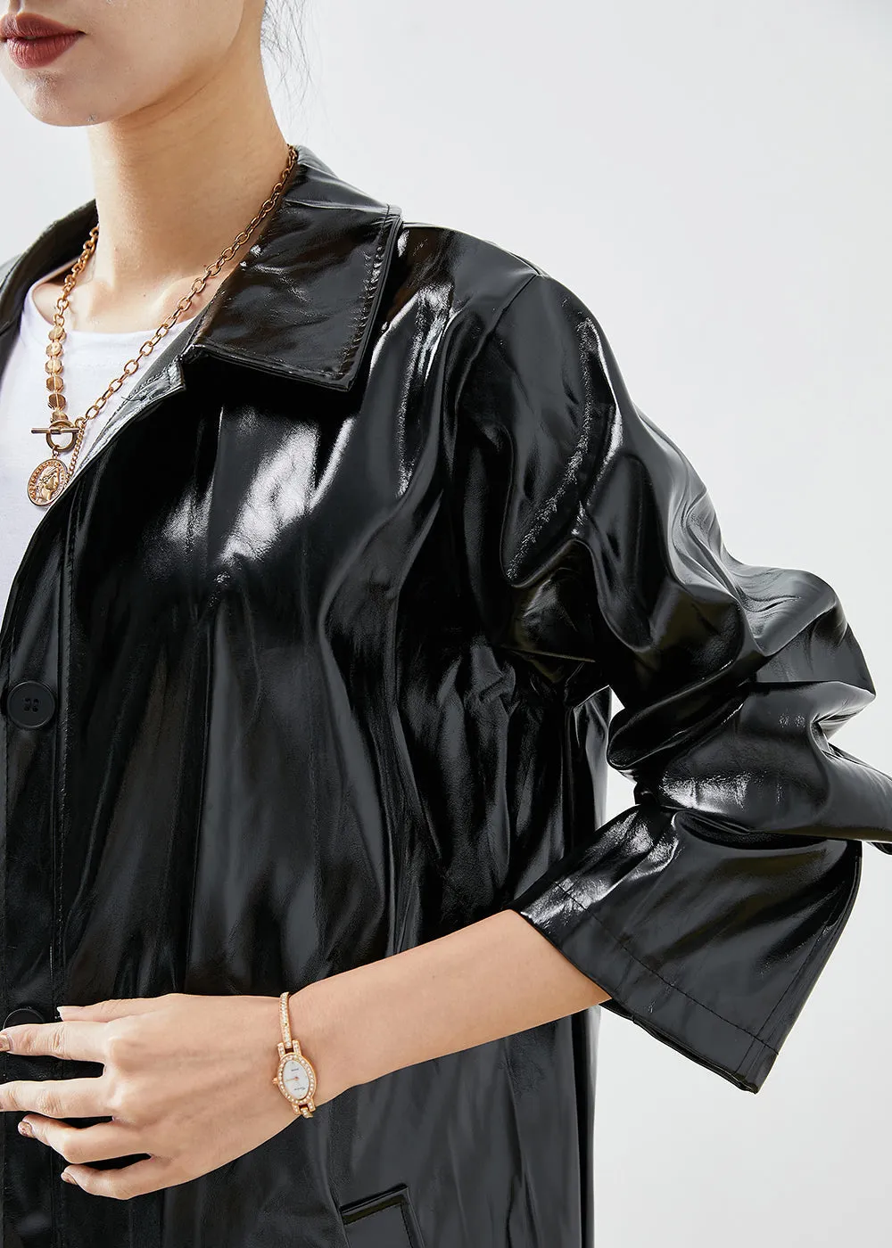 Modern Black Oversized Letter Print Faux Leather Coats Fall LY9253