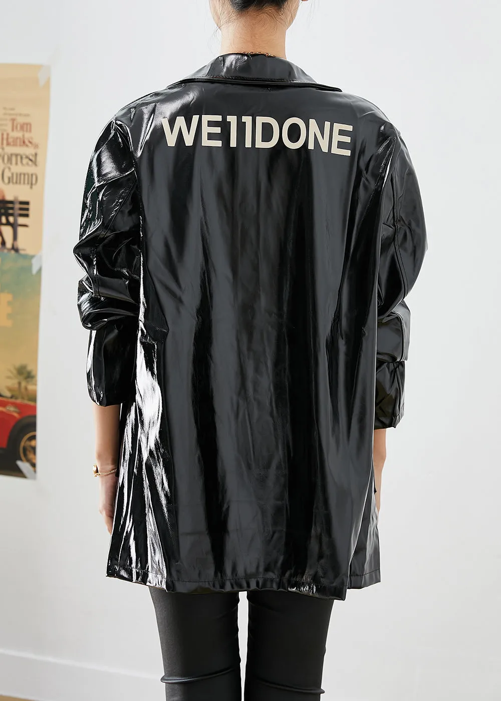 Modern Black Oversized Letter Print Faux Leather Coats Fall LY9253
