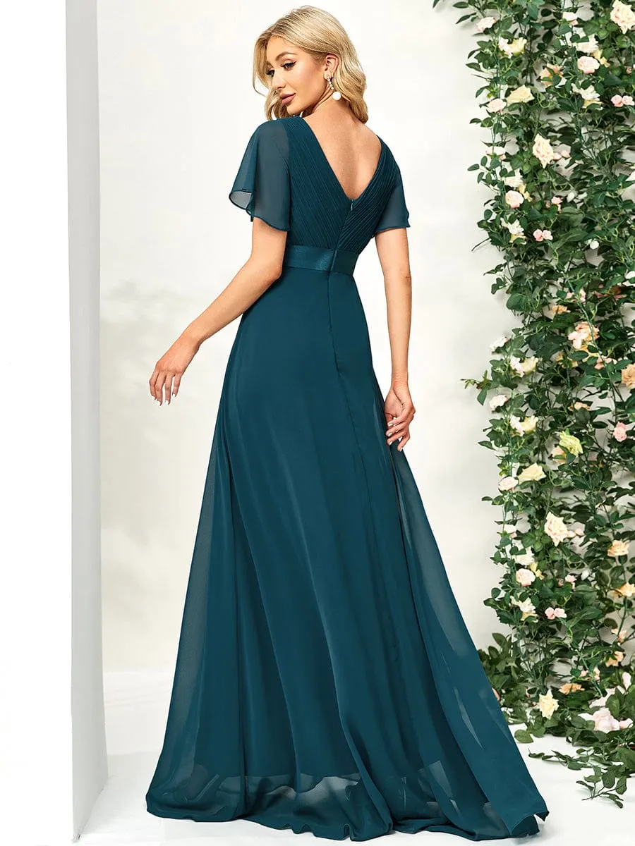 Monica | High Waist Maxi Chiffon Bridesmaid Dress with Short Sleeves