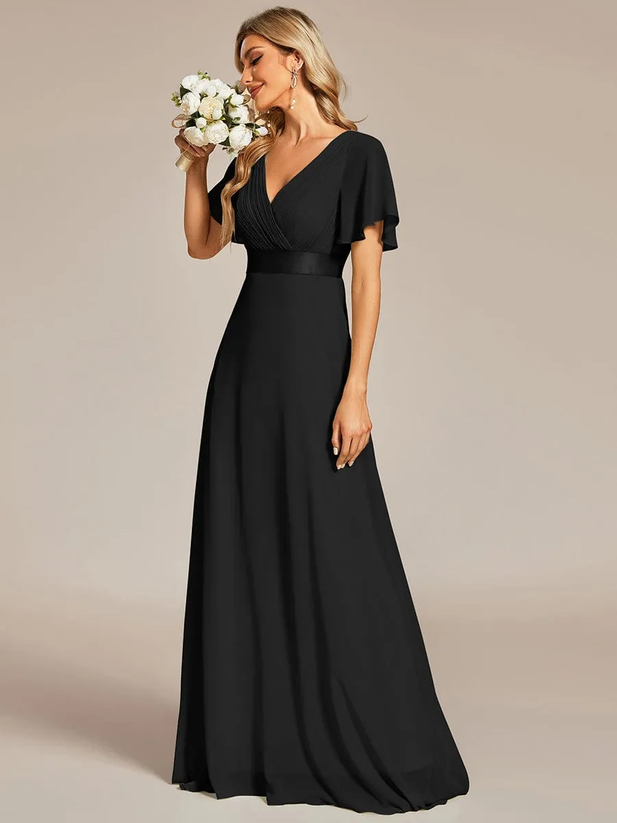 Monica | High Waist Maxi Chiffon Bridesmaid Dress with Short Sleeves