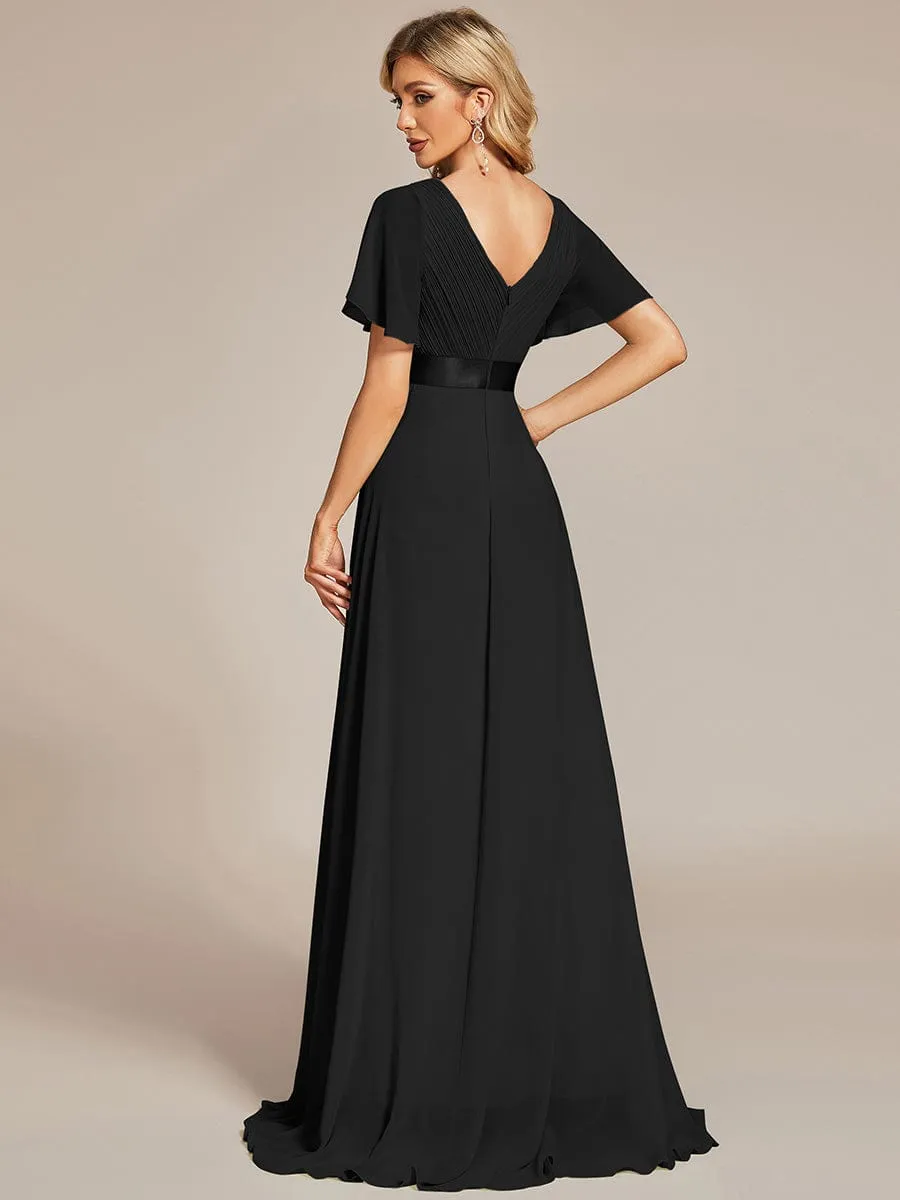 Monica | High Waist Maxi Chiffon Bridesmaid Dress with Short Sleeves