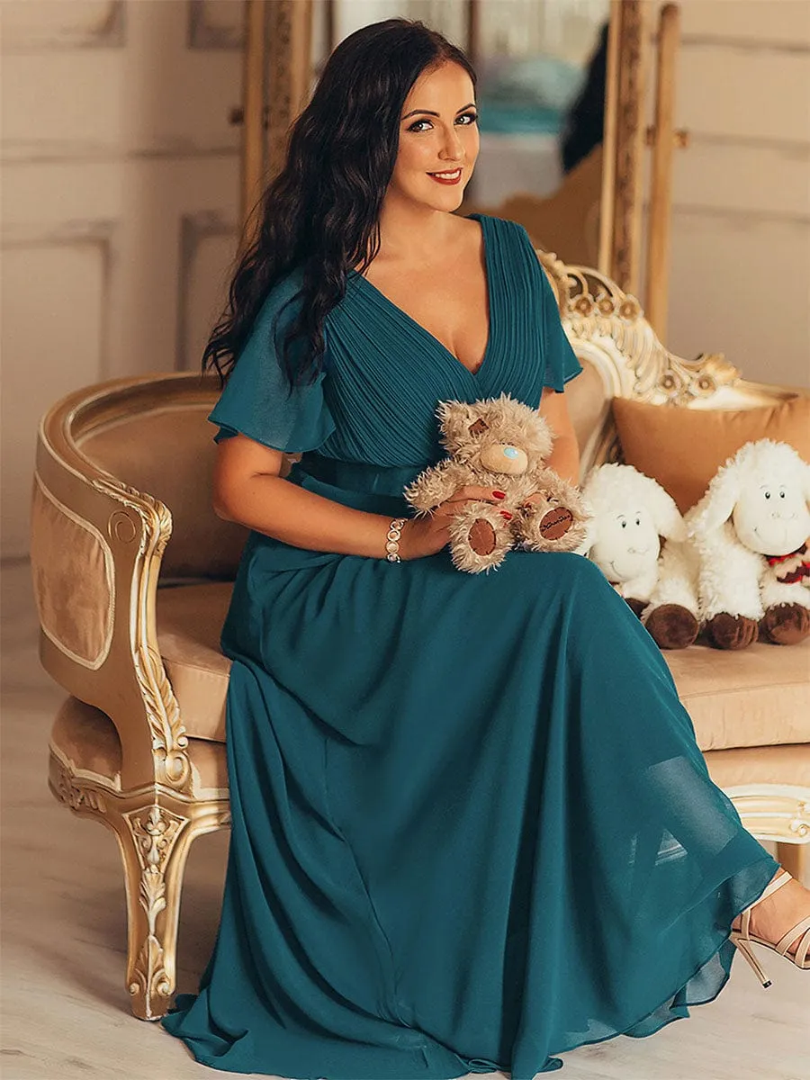 Monica | High Waist Maxi Chiffon Bridesmaid Dress with Short Sleeves
