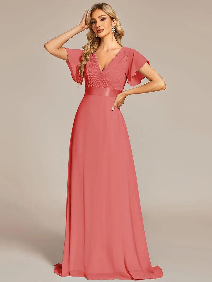 Monica | High Waist Maxi Chiffon Bridesmaid Dress with Short Sleeves