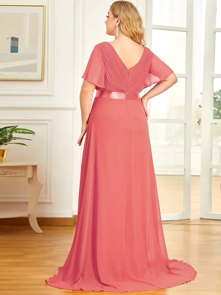 Monica | High Waist Maxi Chiffon Bridesmaid Dress with Short Sleeves