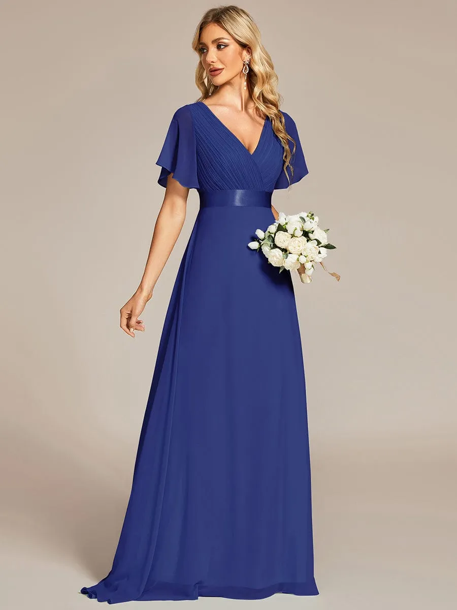 Monica | High Waist Maxi Chiffon Bridesmaid Dress with Short Sleeves