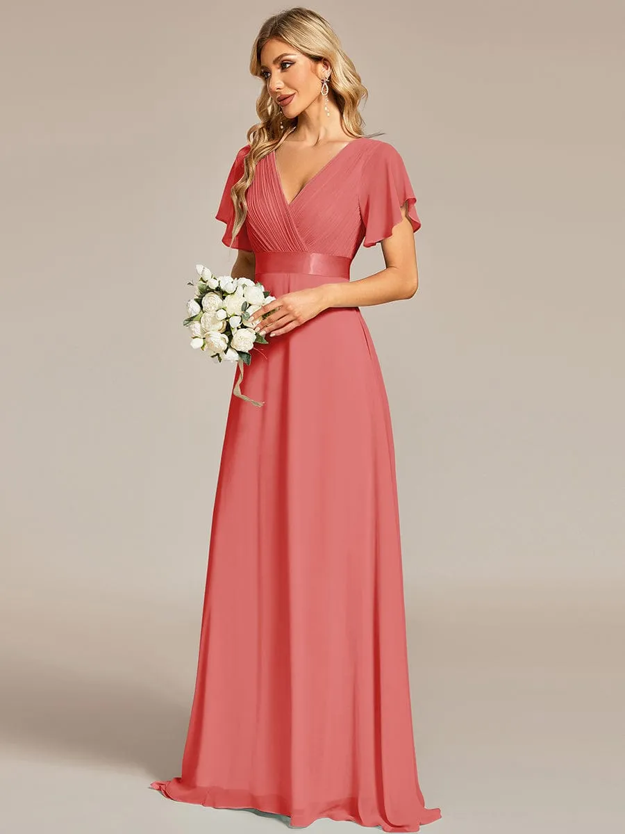 Monica | High Waist Maxi Chiffon Bridesmaid Dress with Short Sleeves