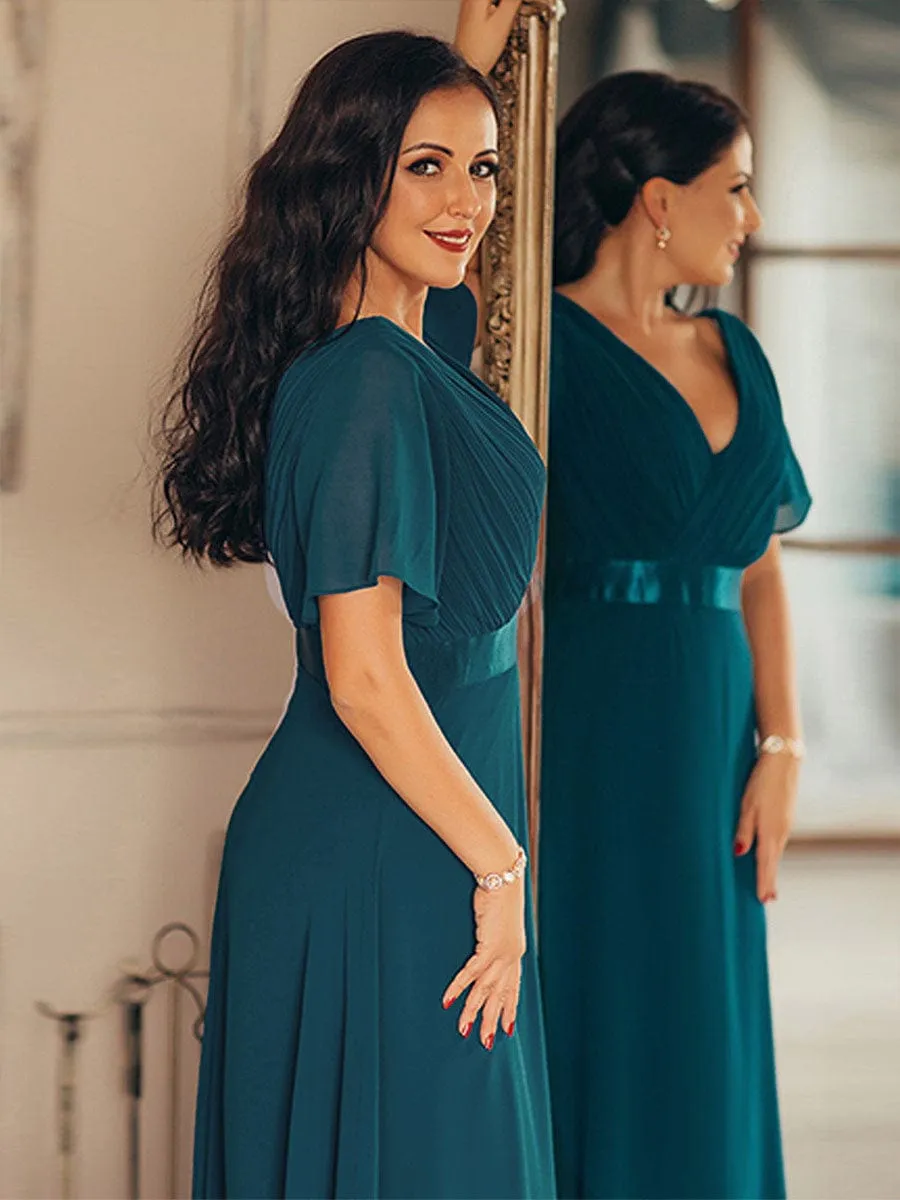 Monica | High Waist Maxi Chiffon Bridesmaid Dress with Short Sleeves