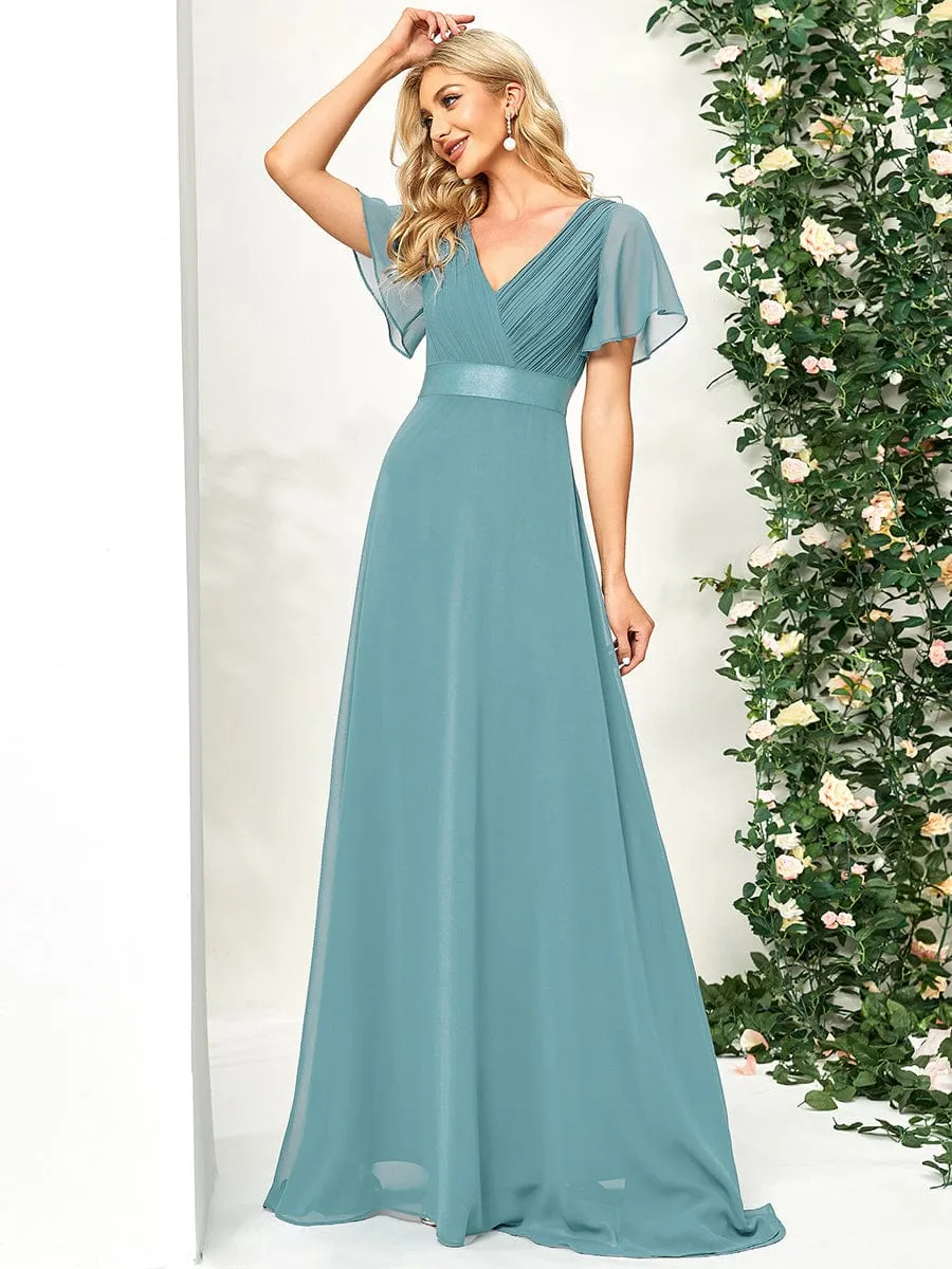 Monica | High Waist Maxi Chiffon Bridesmaid Dress with Short Sleeves