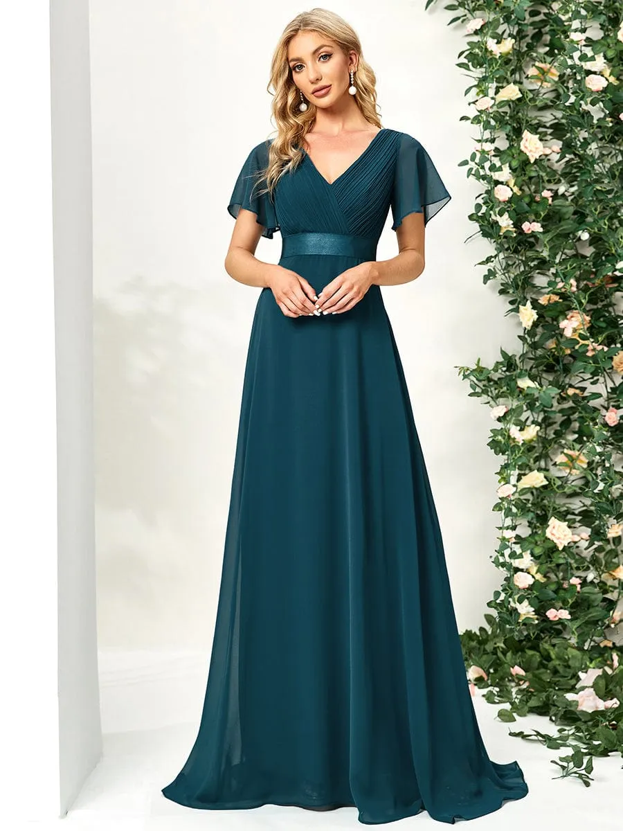 Monica | High Waist Maxi Chiffon Bridesmaid Dress with Short Sleeves