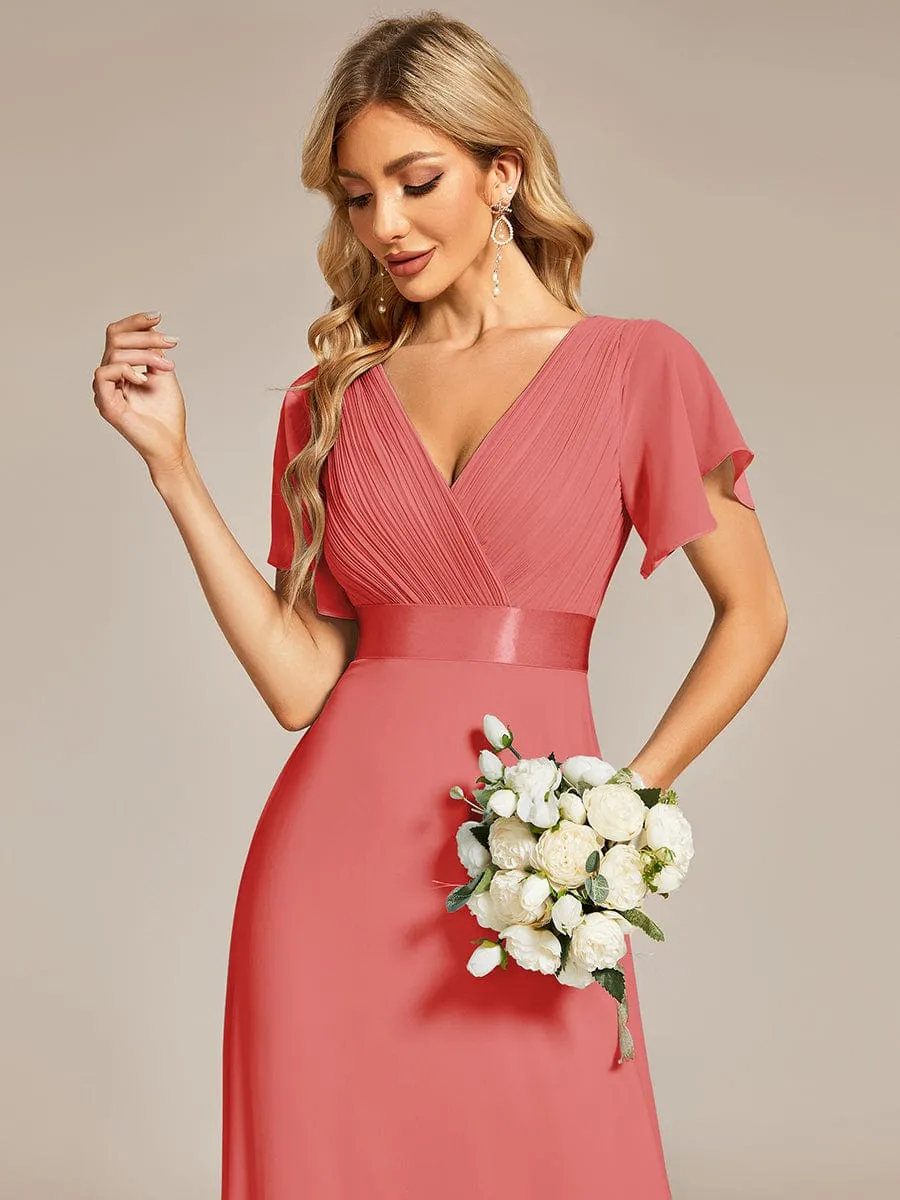 Monica | High Waist Maxi Chiffon Bridesmaid Dress with Short Sleeves