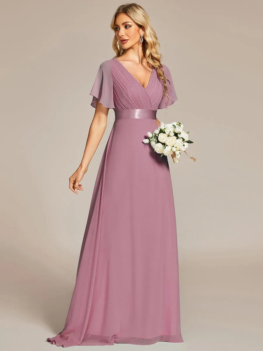 Monica | High Waist Maxi Chiffon Bridesmaid Dress with Short Sleeves