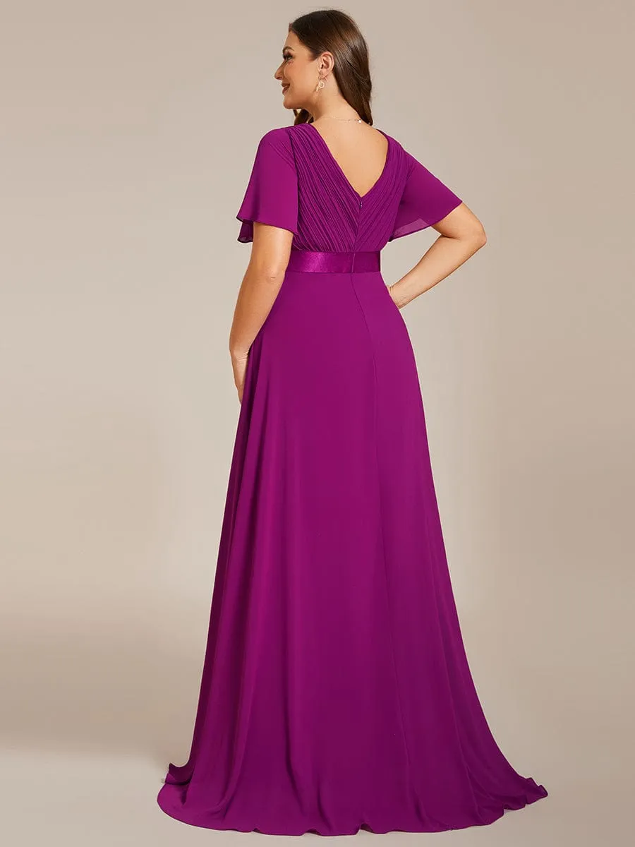 Monica | High Waist Maxi Chiffon Bridesmaid Dress with Short Sleeves