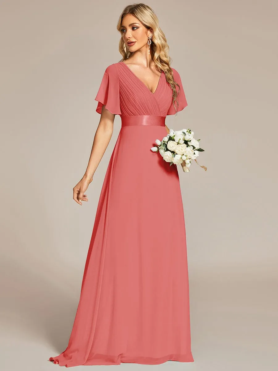 Monica | High Waist Maxi Chiffon Bridesmaid Dress with Short Sleeves