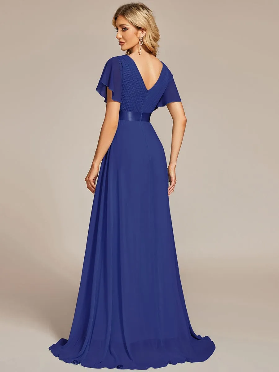 Monica | High Waist Maxi Chiffon Bridesmaid Dress with Short Sleeves