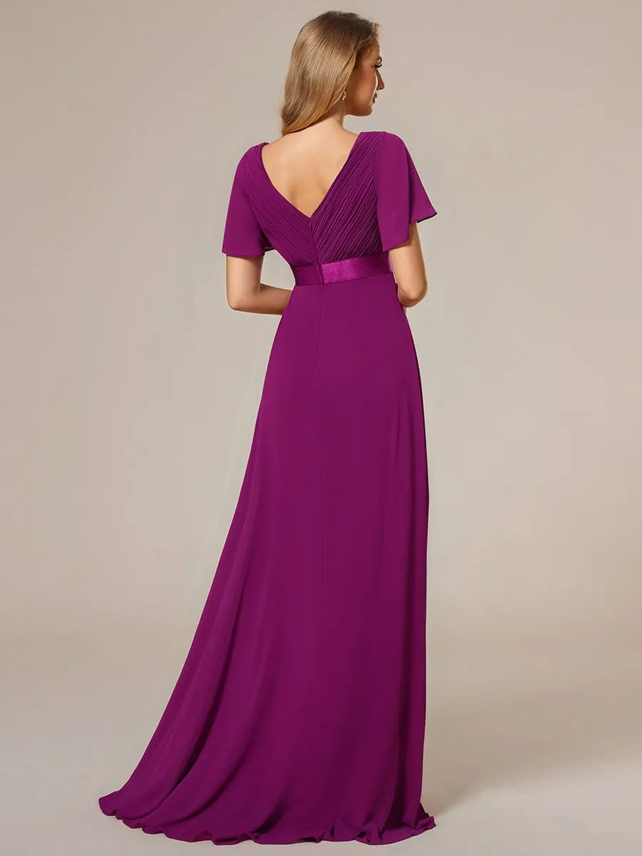 Monica | High Waist Maxi Chiffon Bridesmaid Dress with Short Sleeves