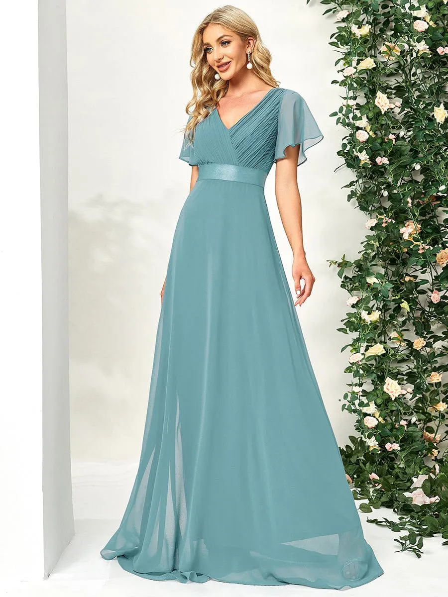 Monica | High Waist Maxi Chiffon Bridesmaid Dress with Short Sleeves