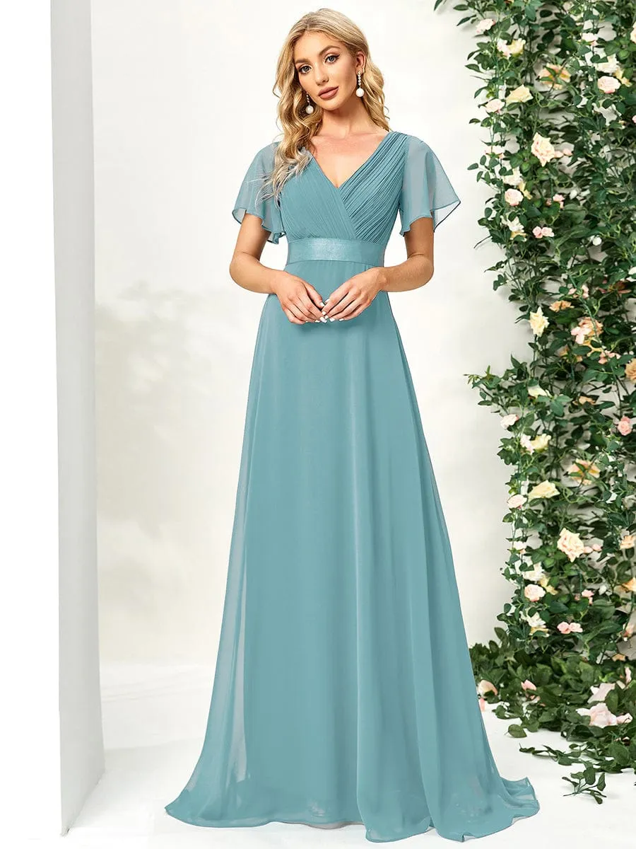 Monica | High Waist Maxi Chiffon Bridesmaid Dress with Short Sleeves