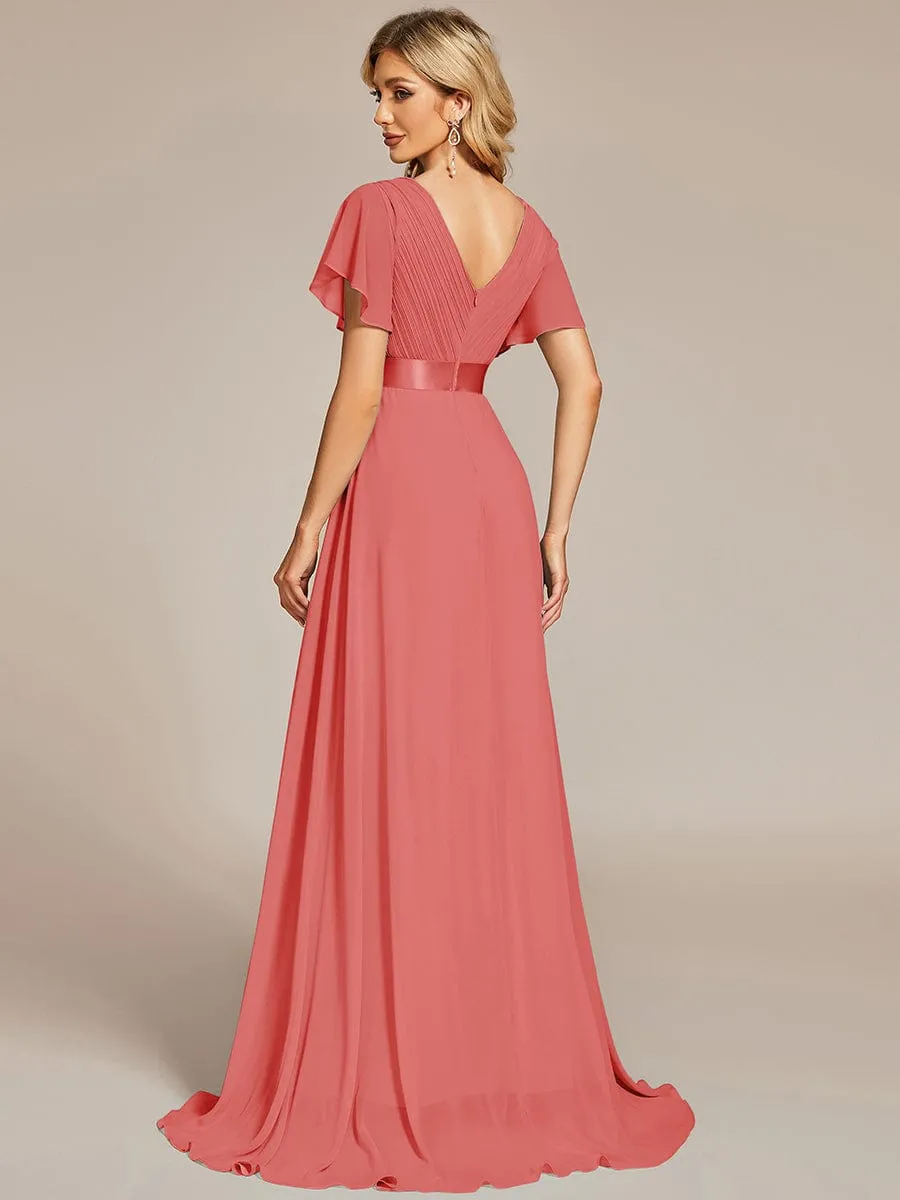Monica | High Waist Maxi Chiffon Bridesmaid Dress with Short Sleeves