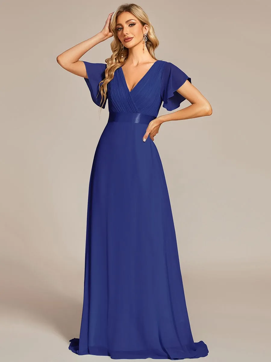 Monica | High Waist Maxi Chiffon Bridesmaid Dress with Short Sleeves