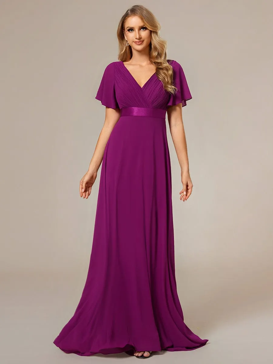 Monica | High Waist Maxi Chiffon Bridesmaid Dress with Short Sleeves