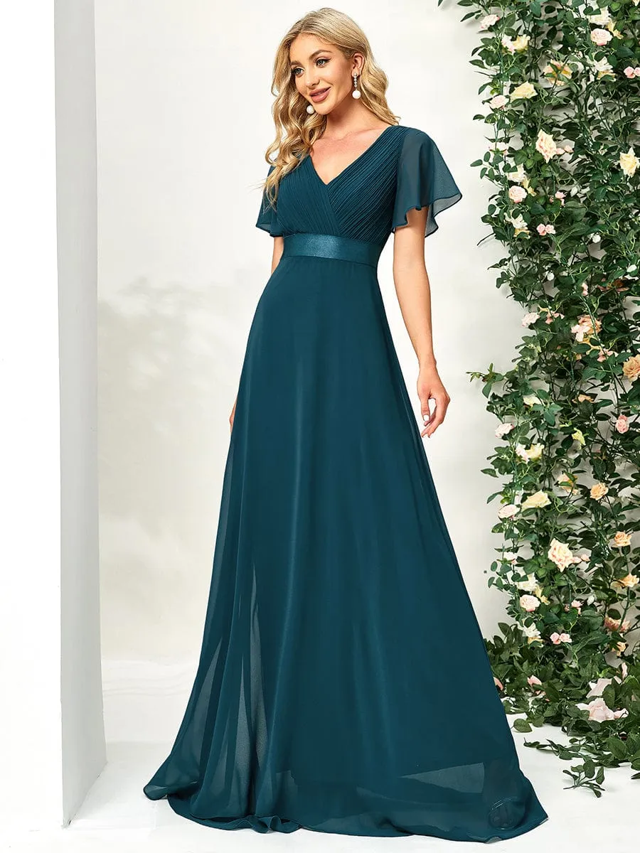 Monica | High Waist Maxi Chiffon Bridesmaid Dress with Short Sleeves