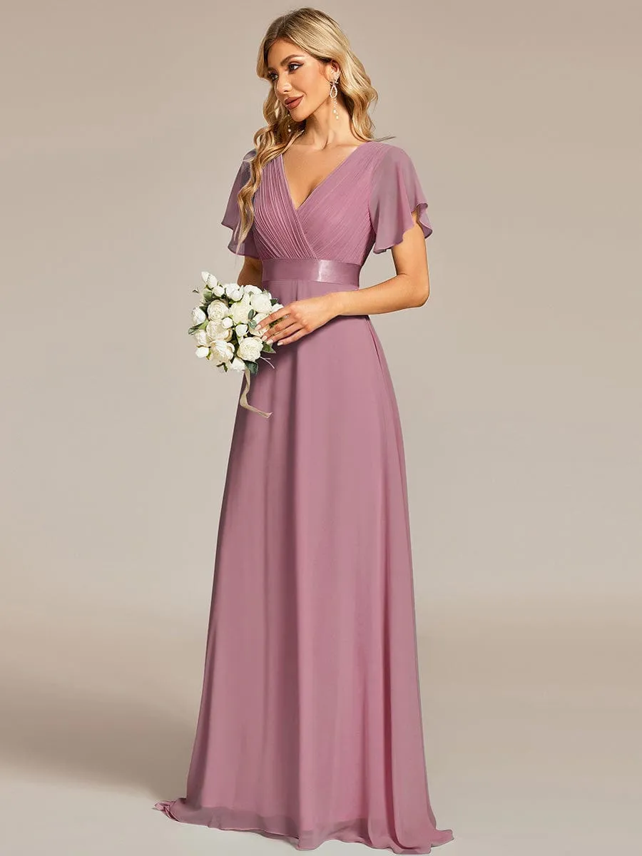 Monica | High Waist Maxi Chiffon Bridesmaid Dress with Short Sleeves