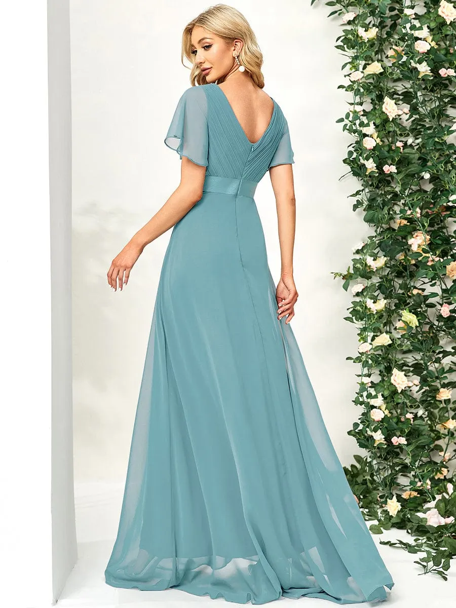 Monica | High Waist Maxi Chiffon Bridesmaid Dress with Short Sleeves