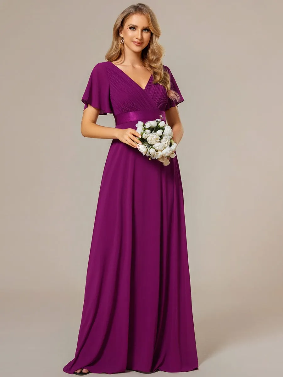 Monica | High Waist Maxi Chiffon Bridesmaid Dress with Short Sleeves