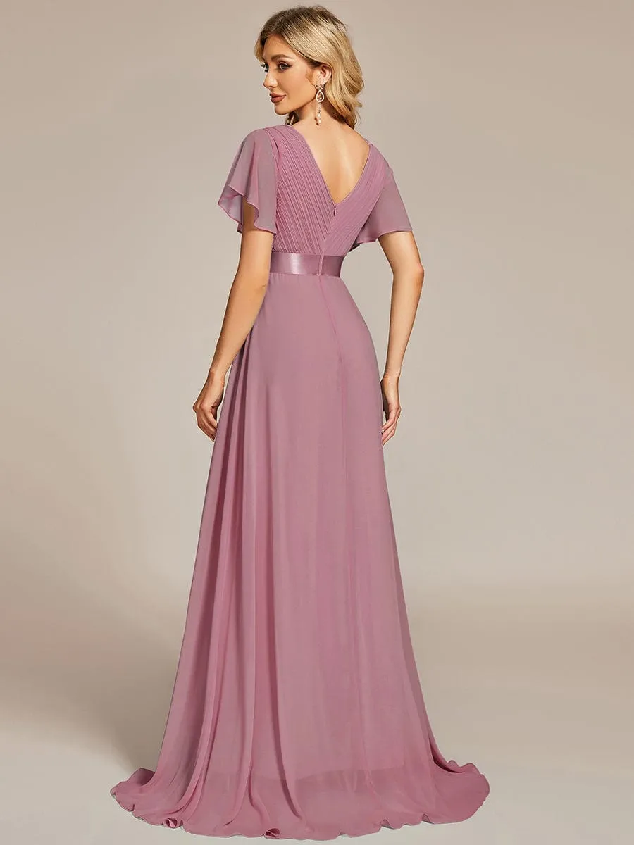 Monica | High Waist Maxi Chiffon Bridesmaid Dress with Short Sleeves