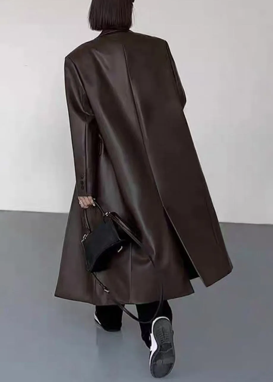 New Black Notched Button Faux Leather Long Coats Winter ER020