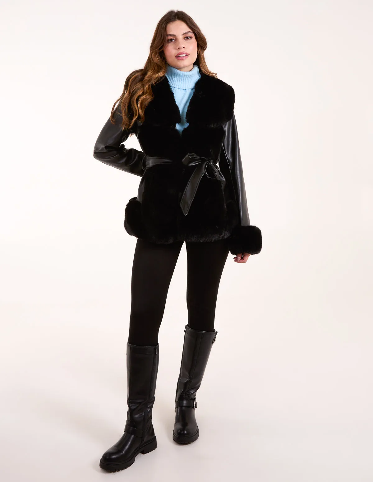 Panel Faux Fur Pu Belted Coat