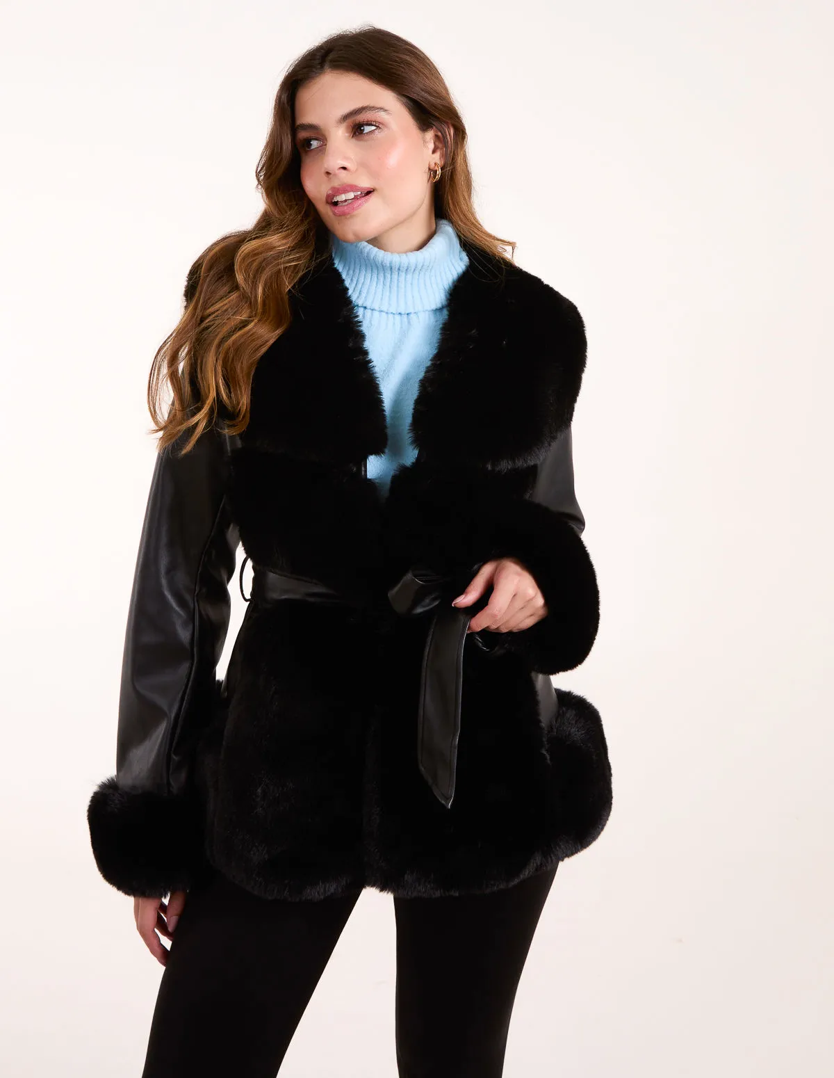 Panel Faux Fur Pu Belted Coat
