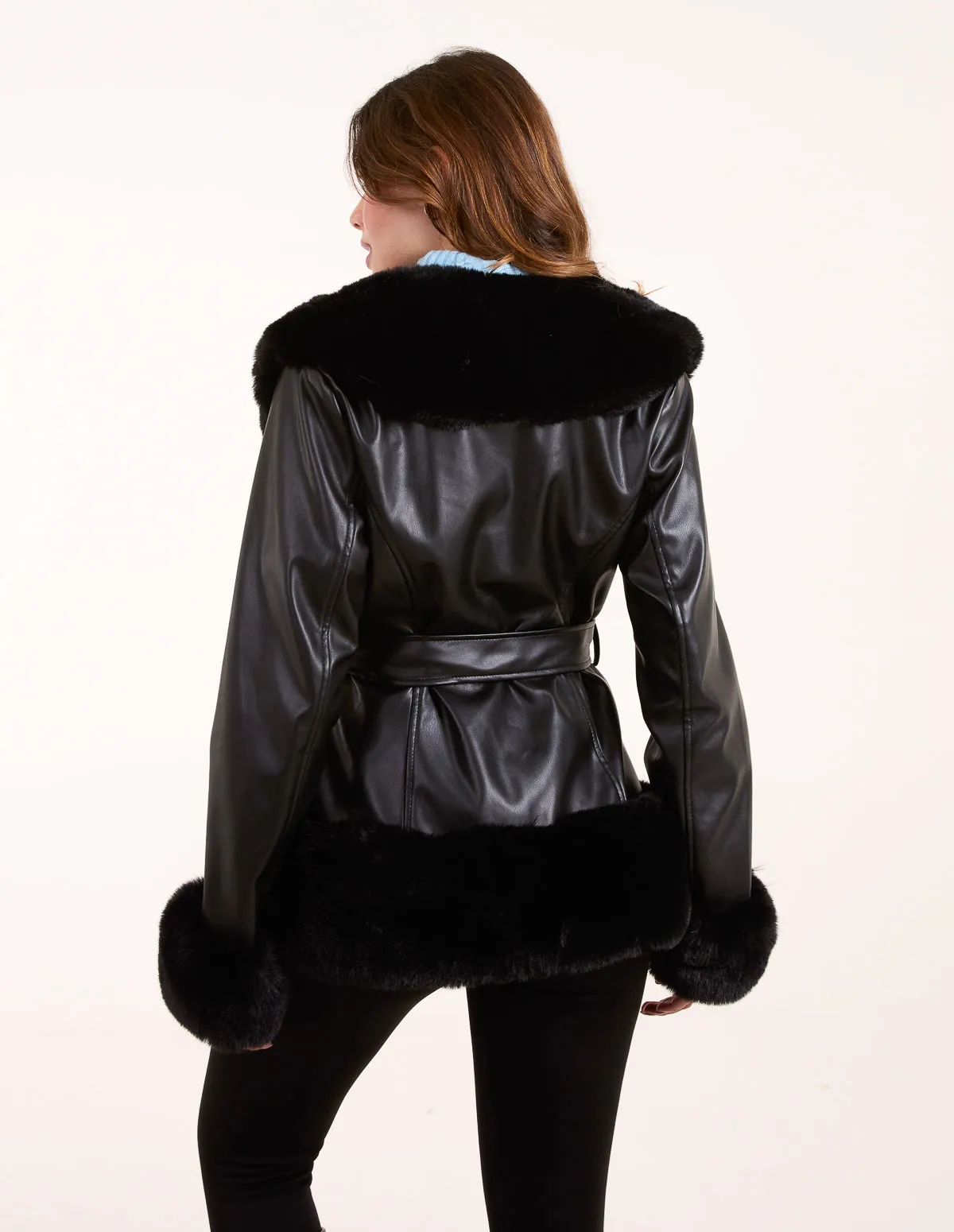 Panel Faux Fur Pu Belted Coat
